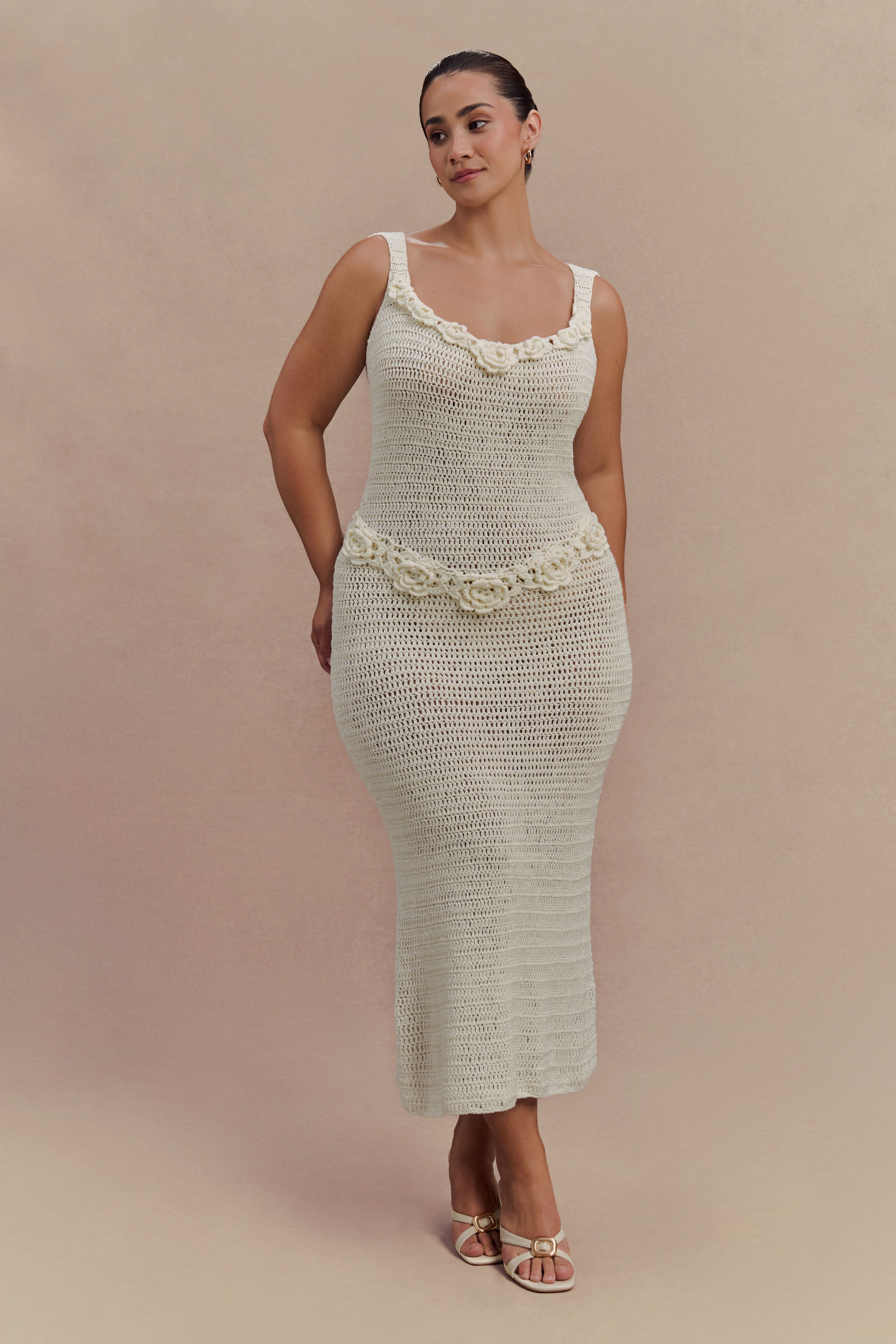 Teagan Floral Hand Crochet Midi Dress - Ivory